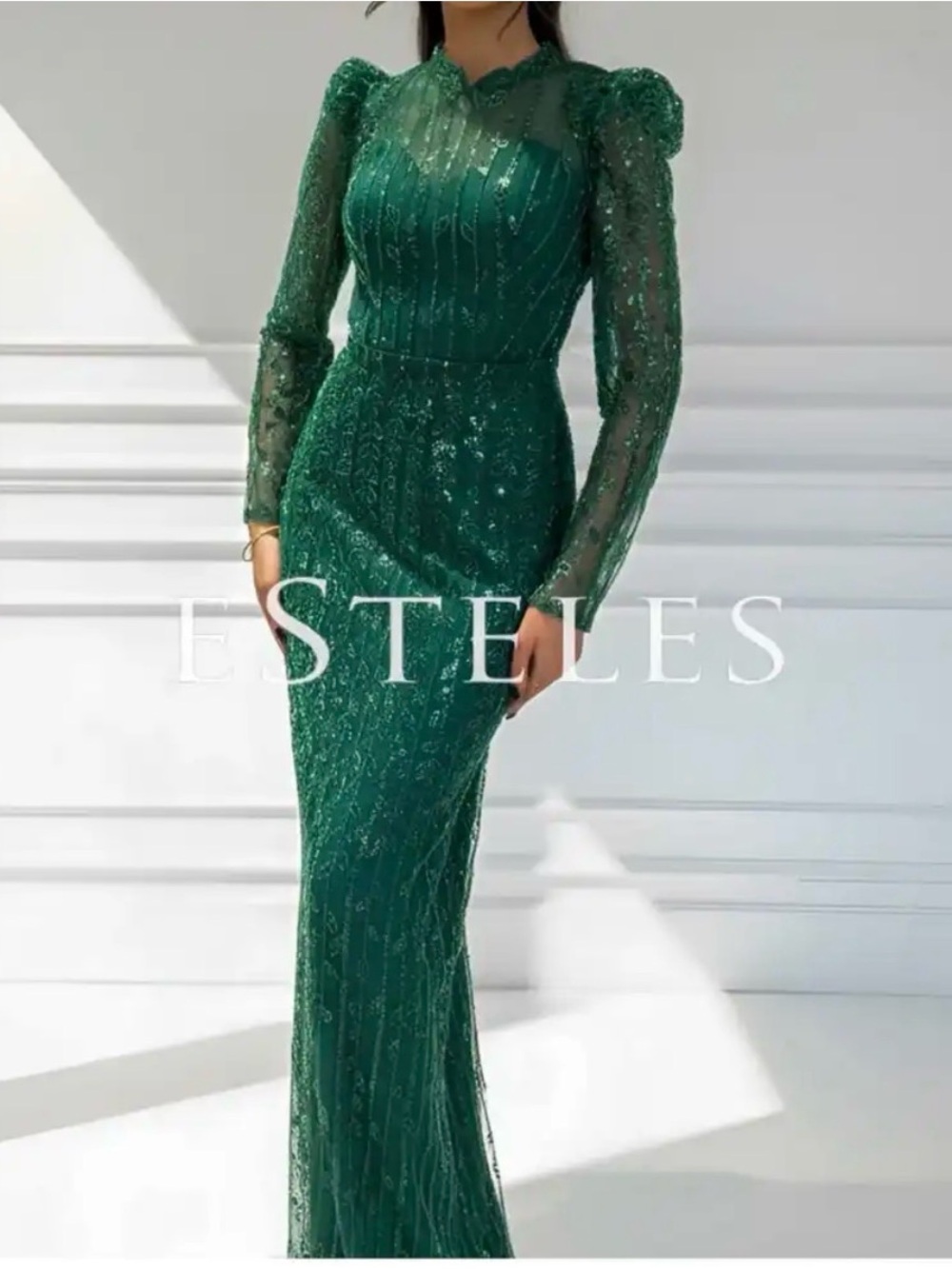 Emerald Green Lace Evening Gown